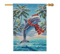Drapeau de maison de dauphins, hiver tropical palmier neige, Noël, toile de jute bleue double face décorative pour extérieur, terrasse, pelouse, entrée, camping 71,1 x 101,6 cm