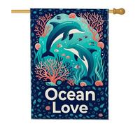 Drapeau de maison de dauphins, océan, corail tropical, poisson d'été bleu en toile de jute double face pour porche, extérieur, terrasse, cour, pelouse, entrée, balcon, 71 x 101 cm