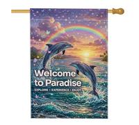 Drapeau de maison de dauphins, papillon tropical arc-en-ciel vif en toile de jute bleu d'été double face pour extérieur, terrasse, cour, pelouse, entrée, balcon, 71 x 101 cm