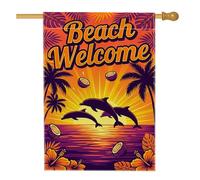 Drapeau de maison de dauphins, plage tropicale, palmiers, soleil, été, orange, double face, en toile de jute pour porche, extérieur, terrasse, pelouse, entrée, camping, 71,1 x 101,6 cm