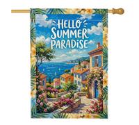 Drapeau de maison de fleurs, bâtiment côtier tropical d'été bleu double face en toile de jute décorative pour extérieur, terrasse, pelouse, entrée, camping, 71,1 x 101,6 cm