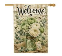 Drapeau de maison de fleurs, ferme rustique Mason Jar eucalyptus vert printemps double face en toile de jute décorative pour extérieur, cour, pelouse, patio, porte, entrée, 71,1 x 101,6 cm