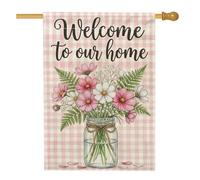 Drapeau de maison de fleurs, rustique rustique Mason Jar Fern Spring Peach double face en toile de jute décorative pour extérieur, pelouse, cour, patio, entrée 71,1 x 101,6 cm