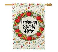 Drapeau de maison de fruits, livre éducatif ludique, crayon de retour au campus, rouge double face, en toile de jute avant de porche, drapeaux décoratifs pour extérieur, terrasse, pelouse, entrée