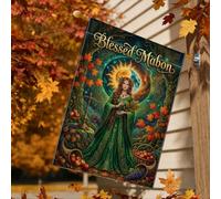 Drapeau de maison de la déesse de la récolte Blessed Mabon 71 x 101 cm | Feuilles d'érable d'automne, drapeau de pelouse, corne d'abondance, échelle d'équilibre, soleil céleste lune