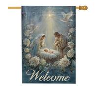Drapeau de maison de la Nativité religieux de Noël, pigeon rose de Noël bleu double face en toile de jute avant de porche décoratif pour extérieur, pelouse, cour, patio, entrée 71,1 x 101,6 cm