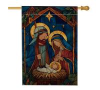 Drapeau de maison de la Nativité traditionnelle religieuse Mary Joseph en toile de jute bleue double face décorative pour extérieur, cour, pelouse, terrasse, porte, entrée, 71 x 101,6 cm