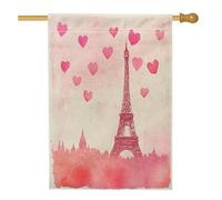 Drapeau de maison de la tour de Paris, romantique, cœurs fantaisistes, horizon urbain, Saint-Valentin, pêche, double face, en toile de jute pour porche, extérieur, cour, pelouse, patio, porte, entrée