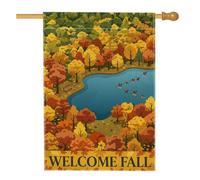 Drapeau de maison de lac, automne nature, arbres, oies d'automne en toile de jute orange double face pour porche, extérieur, cour, pelouse, patio, porte, entrée, 71,1 x 101,6 cm
