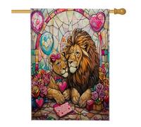 Drapeau de maison de lion pour la Saint-Valentin, 71 x 101,6 cm, double face pour décoration extérieure, couple d'animaux en vitrail pour la maison, la faune et la pelouse