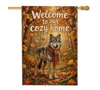 Drapeau de maison de loup, écharpe rustique avec feuilles de nature, châtain, toile de jute double face, drapeaux décoratifs pour extérieur, terrasse, pelouse, entrée, camping, 71,1 x 101,6 cm