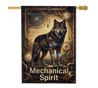 Drapeau de maison de loup, horloge industrielle steampunk en toile de jute double face pour extérieur, terrasse, pelouse, entrée, camping, 71,1 x 101,6 cm