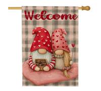 Drapeau de maison de nains de bienvenue avec cœurs ludiques - Boîte à chocolat - Saint Valentin - Rouge - Double face - Grand drapeau de jardin pour extérieur, terrasse, pelouse, entrée, camping