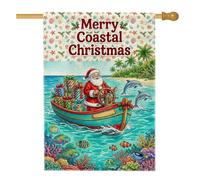 Drapeau de maison de Noël avec bateau tropical Père Noël côtier 71,1 x | Scène tropicale, drapeau de pelouse, Père Noël dans un bateau, récif de corail coloré, vie marine, animaux marins