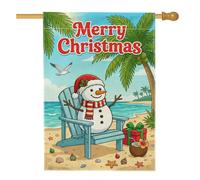 Drapeau de maison de Noël avec bonhomme de neige et plage tropicale 71,1 x | Scène de plage tropicale, drapeau de cour, chaise Adirondack, palmiers, boisson à la noix de coco, accents de coquillages