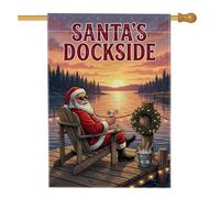 Drapeau de maison de Noël avec citation amusante du Père Noël à quai 71,1 x | Paysage du lac au coucher du soleil, drapeau de pelouse, ambiance de vacances décontractée, décoration d'hiver côtière