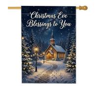 Drapeau de maison de Noël avec citation de bénédiction de l'église 71 x 101 | Paysage enneigé, drapeau de cour, lampadaires, pins, horizon nocturne, paysage d'hiver, vœux de vacances, thème religieux