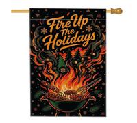 Drapeau de maison de Noël avec citation de feu de camp d'hiver pour | Thème barbecue d'hiver, drapeau de cour, silhouettes de pin, guirlandes lumineuses décoratives, typographie festive