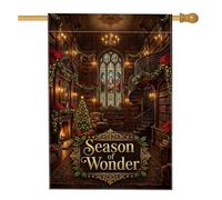 Drapeau de maison de Noël avec citation de la bibliothèque Season Of Wonder | Vitrail, drapeau de cour, guirlandes de poinsettia, cheminée confortable, bibliothèque de maison vintage