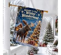 Drapeau de maison de Noël avec citation de l'élan Winter Wonderland 71,1 x | Scène de cabane rustique, drapeau de cour, paysage couvert de neige, pin décoré, nature sauvage d'hiver