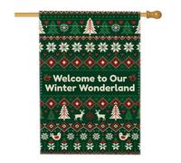 Drapeau de maison de Noël avec citation de renne au pays des merveilles | Motif nordique, drapeau de pelouse, sapins, flocons de neige, décoration d'hiver, salutations saisonnières