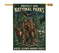 Drapeau de maison de Noël avec citation des parcs nationaux Sasquatch - 71 | Illustration de Sasquatch, drapeau de pelouse, thème des parcs nationaux, paysage forestier, art de créature mythique