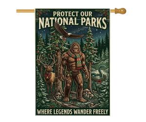 Drapeau de maison de Noël avec citation des parcs nationaux Sasquatch - 71 | Illustration de Sasquatch, drapeau de pelouse, thème des parcs nationaux, paysage forestier, art de créature mythique