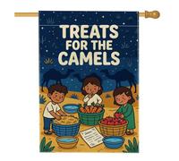 Drapeau de maison de Noël avec citation d'histoire religieuse Camel 71 x | Fond de nuit étoilée, drapeau de cour, thème paysage du désert, conte de vacances festives, affichage extérieur de la cour