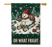 Drapeau de maison de Noël avec citation drôle de fantôme de vacances de | Thème luge, drapeau de pelouse, fond de forêt d'hiver, accents de houx et de baies, humour de vacances joyeux