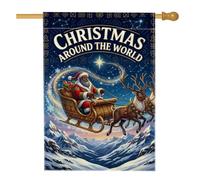 Drapeau de maison de Noël avec citation du Père Noël traîneau renne 71,1 x | Renne, drapeau de pelouse, traîneau, montagnes enneigées, horizon nocturne d'hiver, illustration artistique