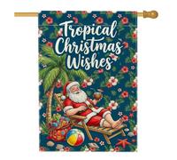 Drapeau de maison de Noël avec citation du Père Noël tropical sur la plage | Fleurs d'hibiscus, drapeau de pelouse, palmier, chaise de plage, boisson à la noix de coco, sac cadeau, thème côtier