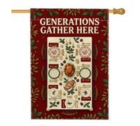 Drapeau de maison de Noël avec citation en anglais « Family Holiday Dinner | Bordure houx, drapeau de pelouse, dinde rôtie, fête des vacances, thème de réunion de famille, décoration extérieure