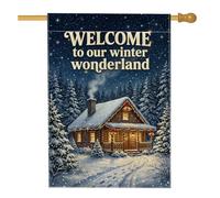 Drapeau de maison de Noël avec citation en anglais Winter Wonderland Cabin | Forêt de pins enneigés, drapeau de cour, horizon nocturne étoilée, citation accueillante, paysage d'hiver
