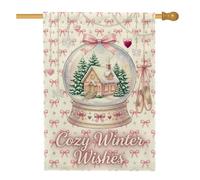 Drapeau de maison de Noël avec citation en forme de boule à neige - 71 x | Scène de chalet d'hiver, drapeau de cour, motifs de ruban de pêche, accents de chaussons de ballet, décoration de jardin
