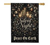 Drapeau de maison de Noël avec citation « Holy Night Peace on Earth » - 71 | Bougies lumineuses, drapeau de pelouse, ornements métalliques, feuilles de houx, typographie cursive élégante