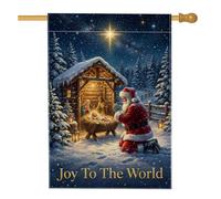 Drapeau de maison de Noël avec citation « Joy To The World » - 71,1 x 101,6 | Père Noël agenouillé, drapeau de cour, écurie en bois rustique, forêt de pins enneigés, étoile guide lumineuse