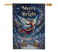 Drapeau de maison de Noël avec citation « Merry And Bright Fairy Winter | Village d'hiver, drapeau de cour, pommes de pin, étoiles brillantes, art fantastique, décoration de cour saisonnière