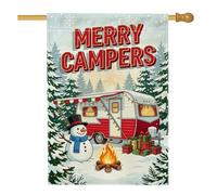 Drapeau de maison de Noël avec citation Merry Campers Winter Camping 71,1 x | Remorque de voyage vintage, drapeau de pelouse, décoration bonhomme de neige, feu de camp lumineux, fond de forêt de pins
