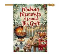Drapeau de maison de Noël avec citation pour barbecue d'hiver 71 x 101 cm | Thème barbecue d'hiver, drapeau de cour, scène de fête des vacances, table en bois rustique, branches de pin festives