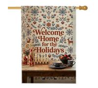 Drapeau de maison de Noël avec citation « Welcome Home » - 71,1 x 101,6 cm | Art scandinave, drapeau de pelouse, motifs floraux d'hiver, texte de vœux de vacances, décoration extérieure durable