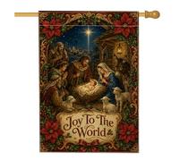 Drapeau de maison de Noël avec inscription « Joy To The World » - 71 x 101 | Art religieux traditionnel, drapeau de cour, bordures florales poinsettia, décoration de cour saisonnière
