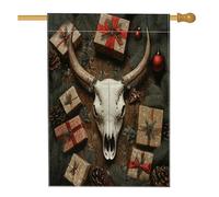 Drapeau de maison de Noël avec tête de mort de vache occidentale 71,1 x 101,6 cm pour l'extérieur, drapeau vertical vintage de Noël sud-ouest standard en lin, pour maison, vacances, Nouvel An, cour