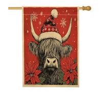 Drapeau de maison de Noël avec vaches des Highlands 71,1 x 101,6 cm pour l'extérieur, poinsettia de Noël, drapeau vertical standard en lin pour maison, motif animal avant cour arrière-cour décoration