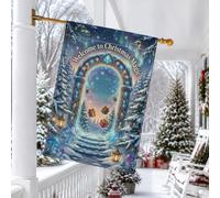 Drapeau de maison de Noël en forme d'arche de forêt d'hiver magique 71,1 x | Forêt enneigée, drapeau de pelouse, lanternes lumineuses, boîtes cadeaux flottantes, champignons magiques