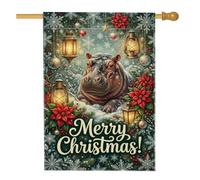 Drapeau de maison de Noël fantaisie hippopotame 71 x 101,6 cm | Fleurs de poinsettia, drapeau de cour, lanternes vintage, flocons de neige, décoration saisonnière extérieure de cour