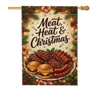 Drapeau de maison de Noël grillé avec citation de viande de Noël 71 x 101 | Thème barbecue d'hiver, drapeau de cour, branches de pin, baies de houx, boîtes cadeaux de vacances, décoration de cour