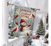 Drapeau de maison de Noël sur le thème de l'hiver bonhomme de neige et | Oiseaux rouges, drapeau de cour, écharpe à carreaux, pins enneigés, baies de houx, paysage d'hiver, décoration de jardin