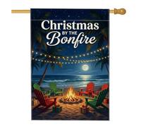 Drapeau de maison de Noël Tropical Beach Bonfire 71,1 x 101,6 cm | Scène de plage tropicale, drapeau de cour, chaises Adirondack, guirlandes lumineuses, nuit étoilée, thème vacances côtières