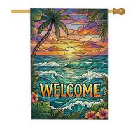 Drapeau de maison de palmier, drapeau tropical coloré coucher de soleil vagues d'été turquoise double face en toile de jute décorative pour extérieur, pelouse, cour, patio, entrée 71,1 x 101,6 cm