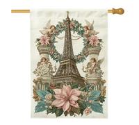 Drapeau de maison de Paris - Anges romantiques vintage - Poinsettia - Pêche pastel - Double face en toile de jute - Pour extérieur, terrasse, cour, pelouse, entrée, balcon - 71 x 101 cm